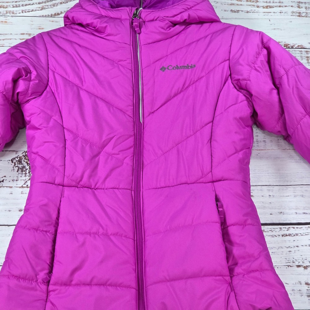 Columbia Puffer Jacket Kids Size M Purple Excellent Hooded Quilted Full Zip